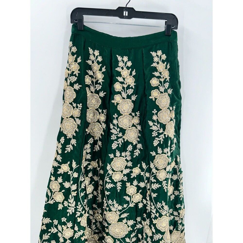 Women's Green Gold Satin Embroidered Indian Skirt With Beaded Drawstring - Picture 8 of 8